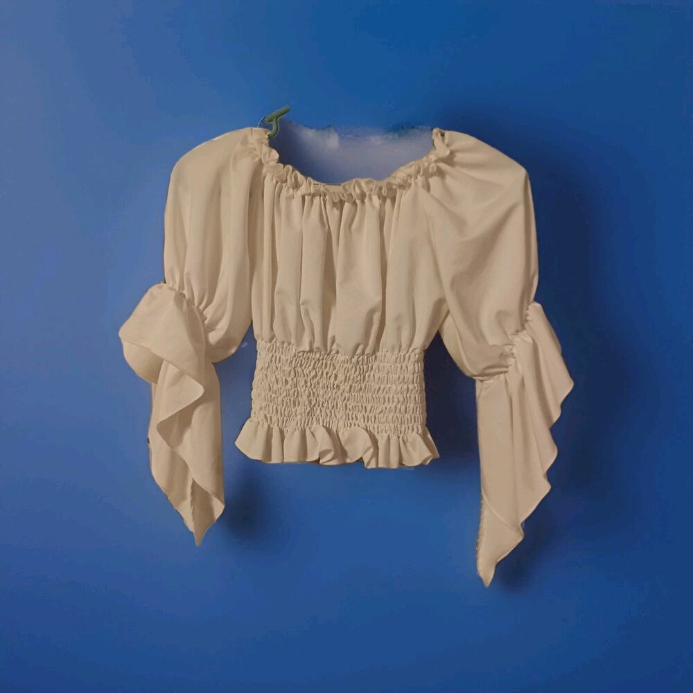 Unbranded Smocked Waist Babydoll Top Bell Sleeves Sz Small White Fairy Y2k - Picture 4 of 5